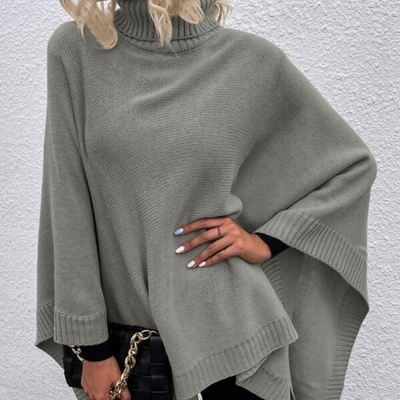 Sweaters - Turtleneck Batwing Sleeve Knit PonchO